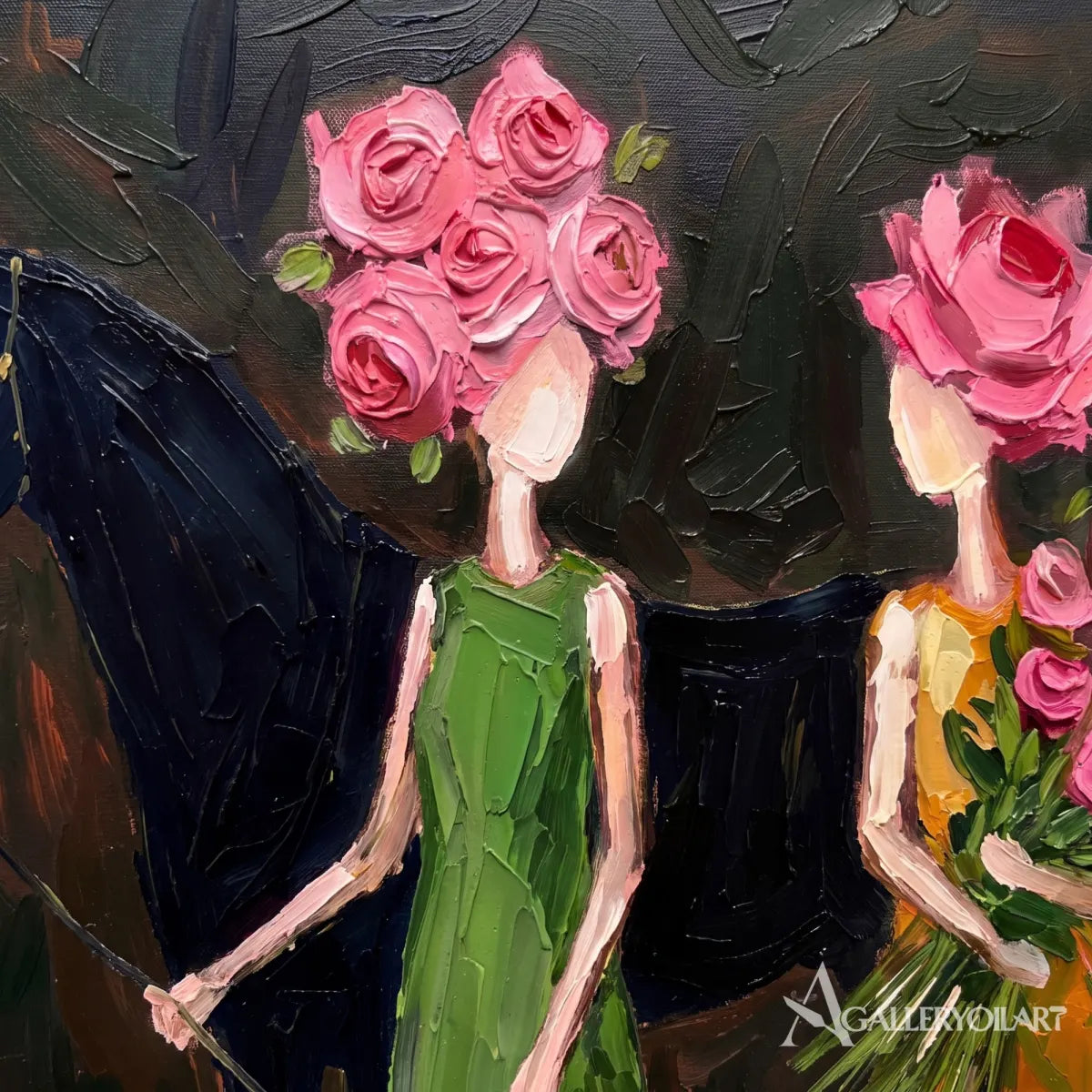 close-up-of-women-with-pink-flowers-against-a-deep-green-portrait-art-background