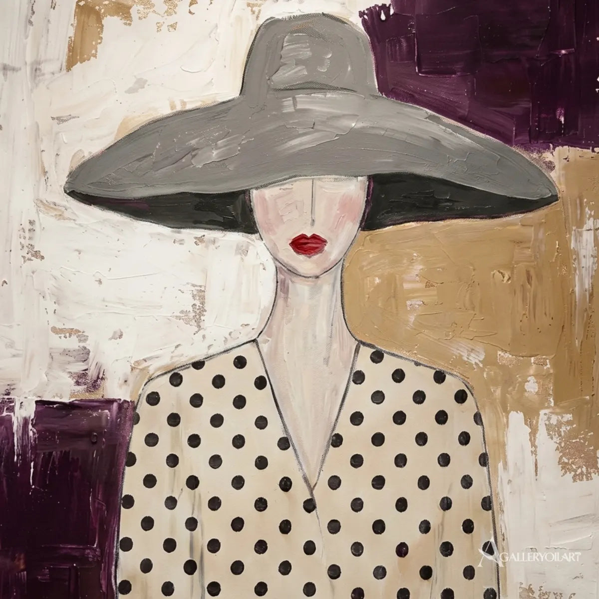 Close-up-of-gray-hat-and-polka-dot-blouse-brushwork-in-portrait-art-with-plum-and-cream