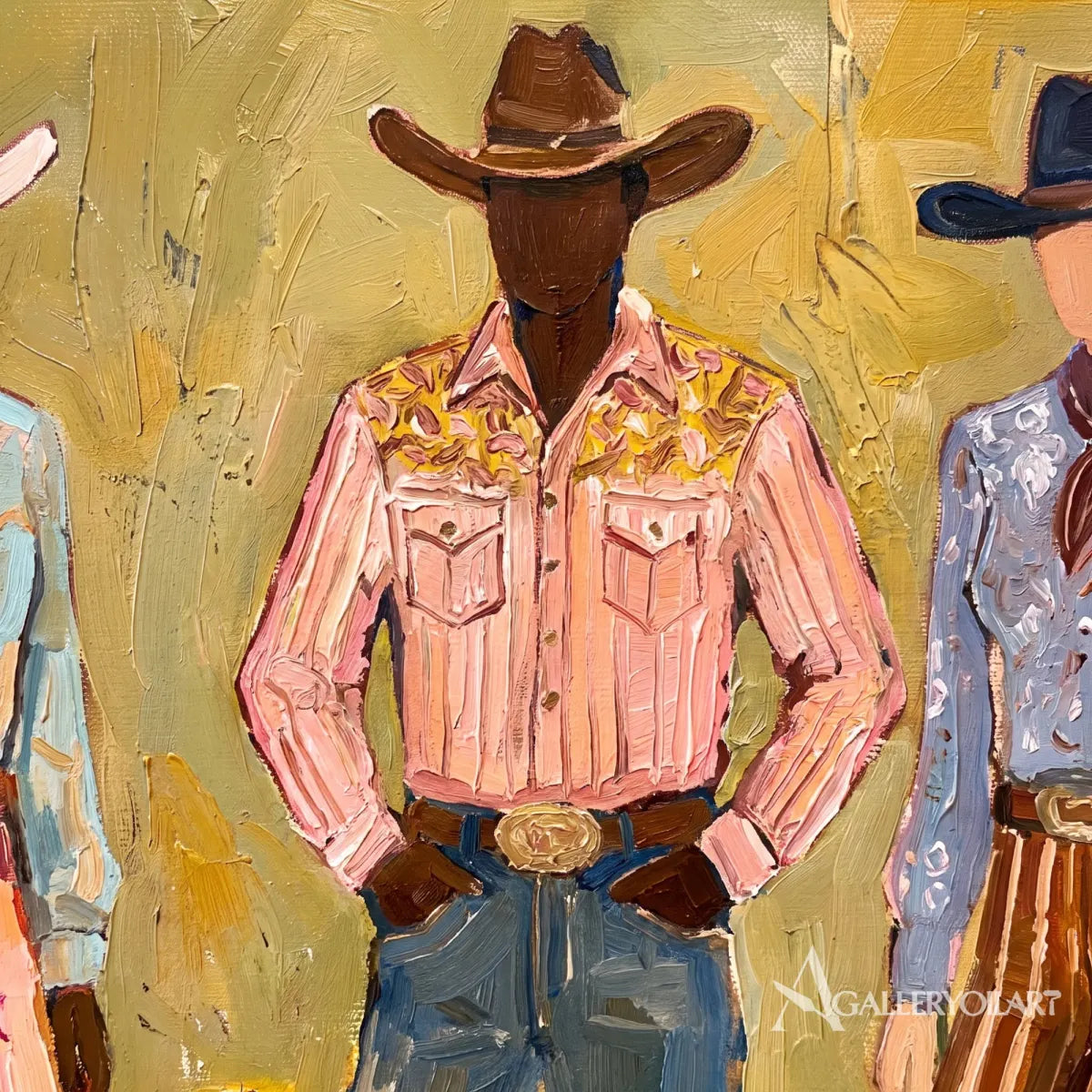 close-up-of-a-figure-in-a-brown-cowboy-hat-and-pink-shirt-from-a-group-portrait-with-olive-green-brushstrokes