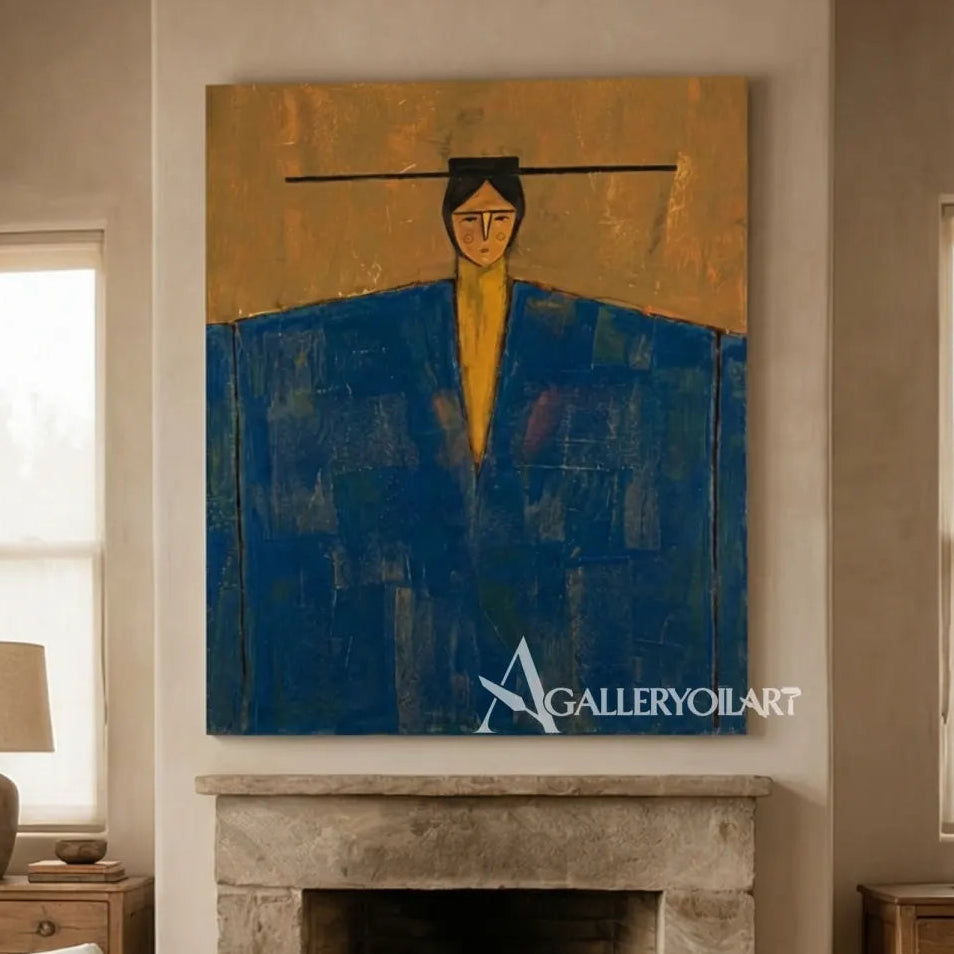 solitary-figure-portrait-art-in-blue-and-ochre-displayed-above-a-fireplace