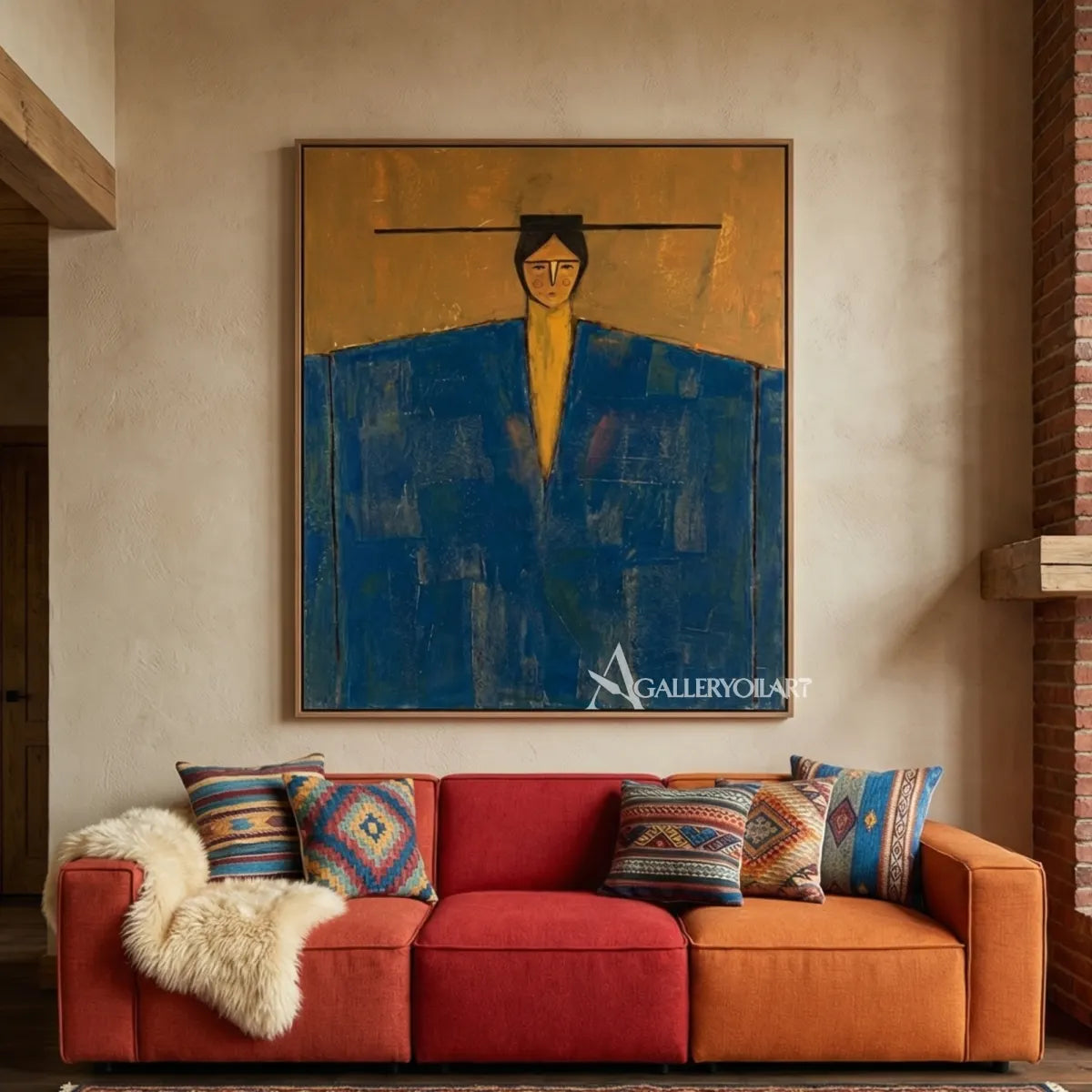 portrait-art-of-a-solitary-blue-and-ochre-figure-hung-over-a-vivid-orange-sofa