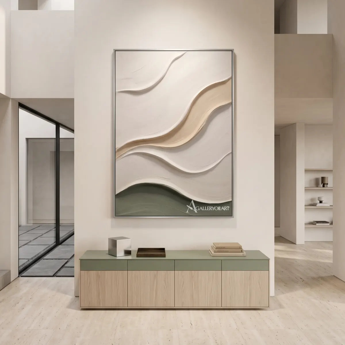 Textured-3D-quiet-arc-passage-in-beige-and-olive-relief-in-a-minimalist-interior