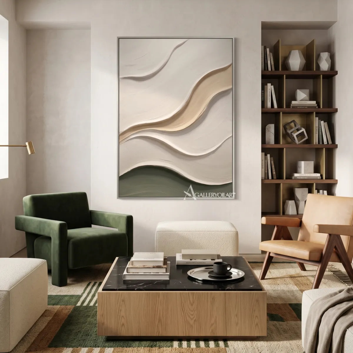 Textured-3D-quiet-arc-passage-in-beige-and-olive-relief-in-a-private-lounge