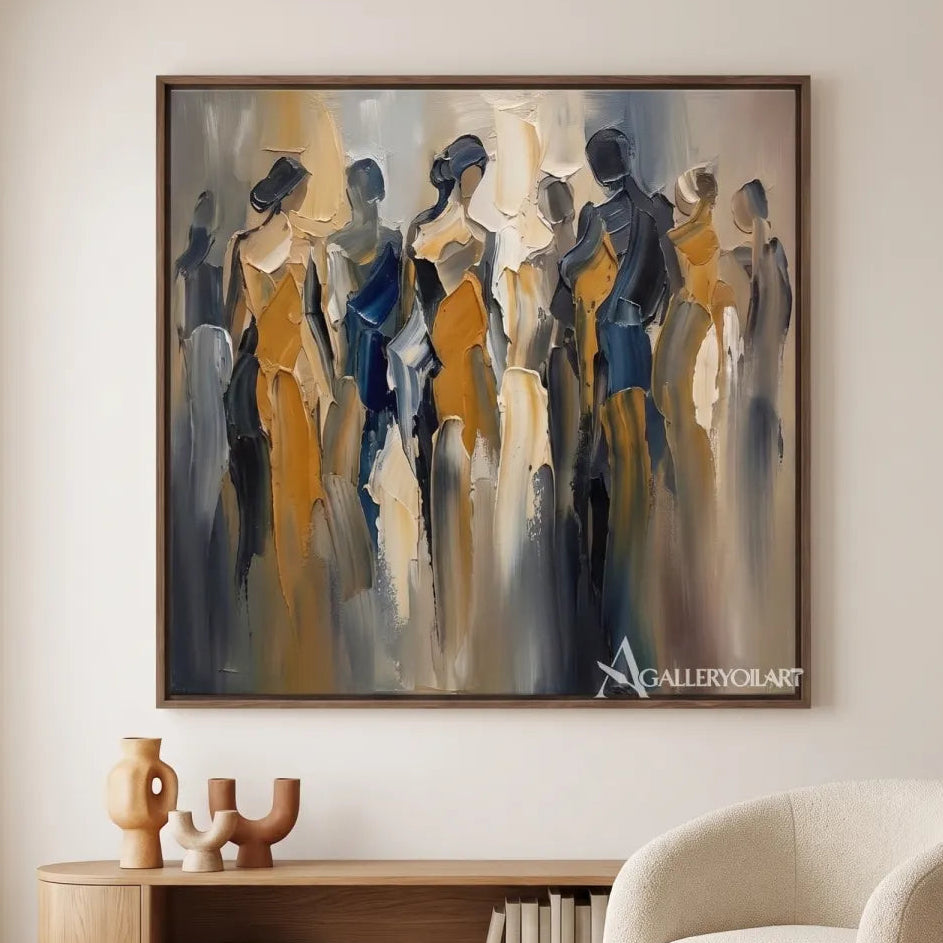 Gallery-view-of-textured-group-portrait-art-in-blue-ochre-and-cream