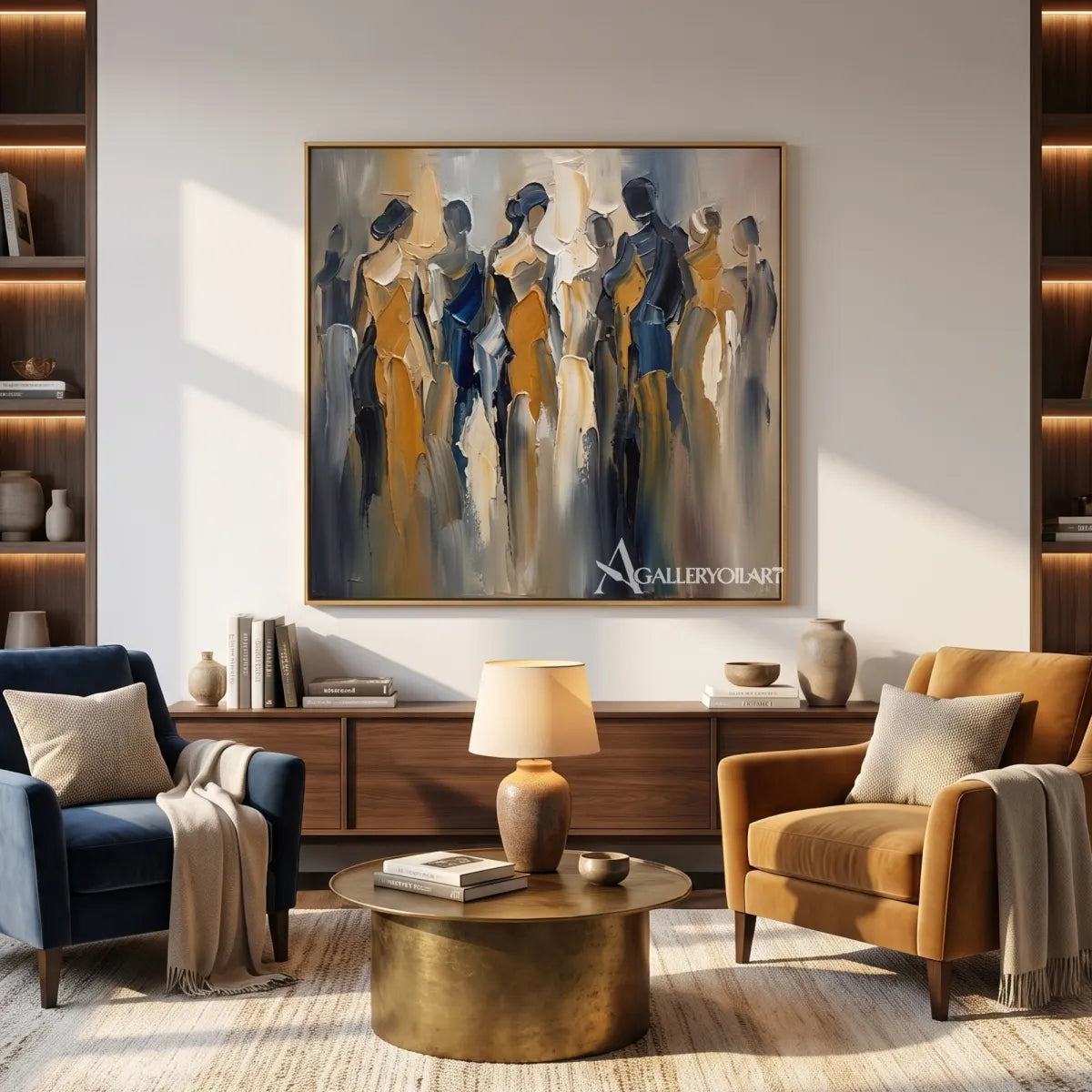 Expressive-group-portrait-art-in-blue-and-ochre-above-a-private-reading-lounge