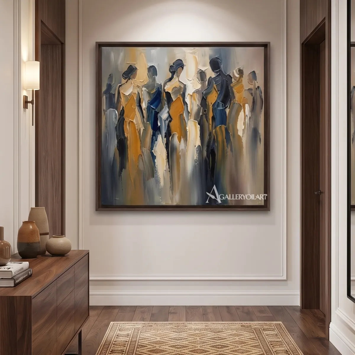 Layered-portrait-art-of-a-group-of-standing-figures-in-a-transitional-hall