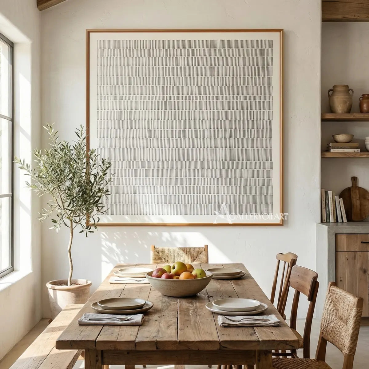 abstract-art-repeating-gray-lines-above-a-dining-table
