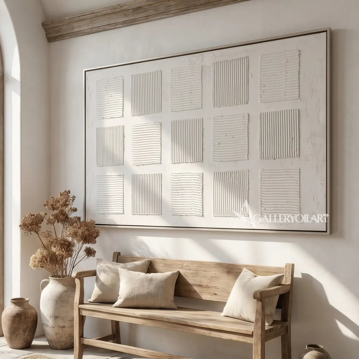Raised-white-grid-relief-Textured-3D-White-wall-art-over-a-bench