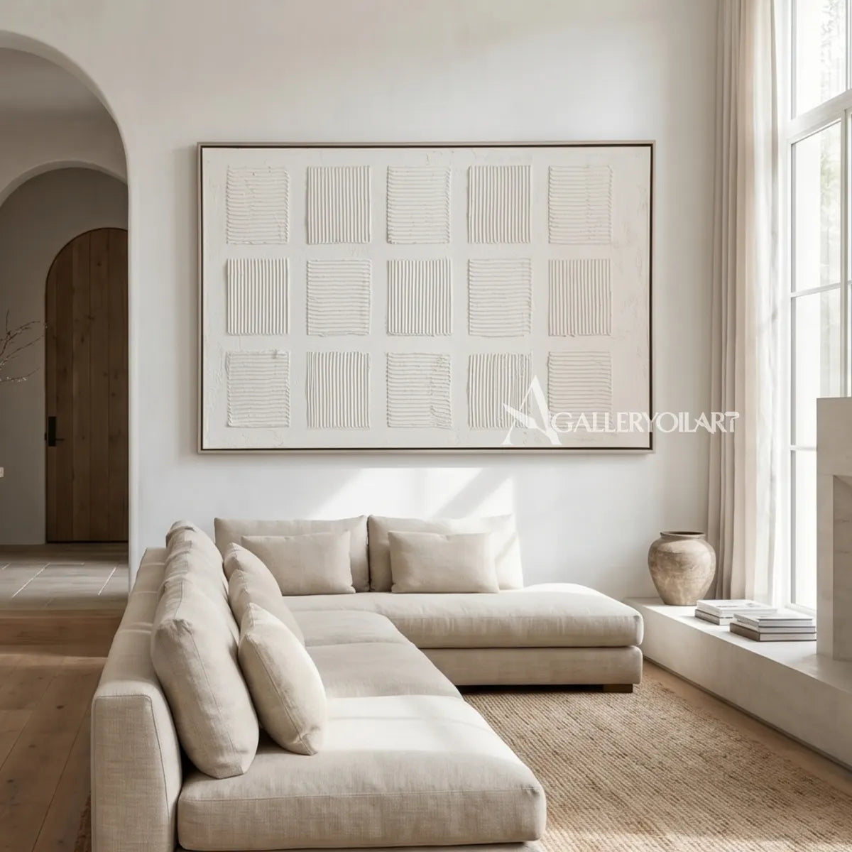 Raised-white-grid-relief-Textured-3D-White-wall-art-in-a-living-room