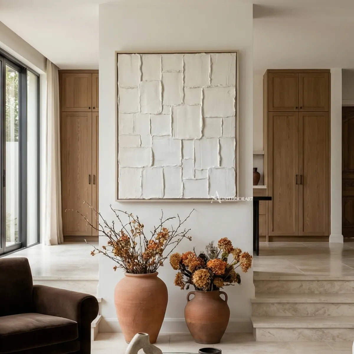 Raised-white-grid-textured-3D-wall-art-in-a-warm-wood-entryway