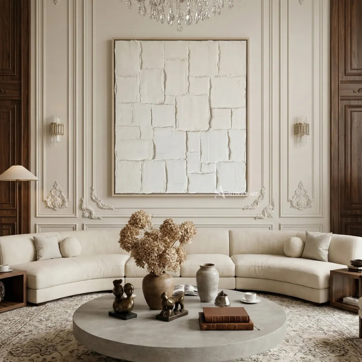 Raised-white-grid-textured-3D-wall-art-above-a-curved-cream-sofa