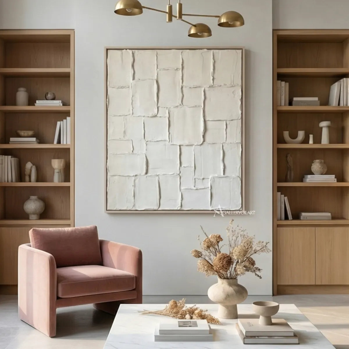 Raised-white-grid-textured-3D-wall-art-between-wood-built-in-shelves