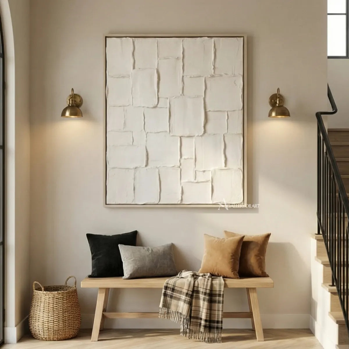 Raised-white-grid-textured-3D-wall-art-above-a-bench-beside-a-staircase