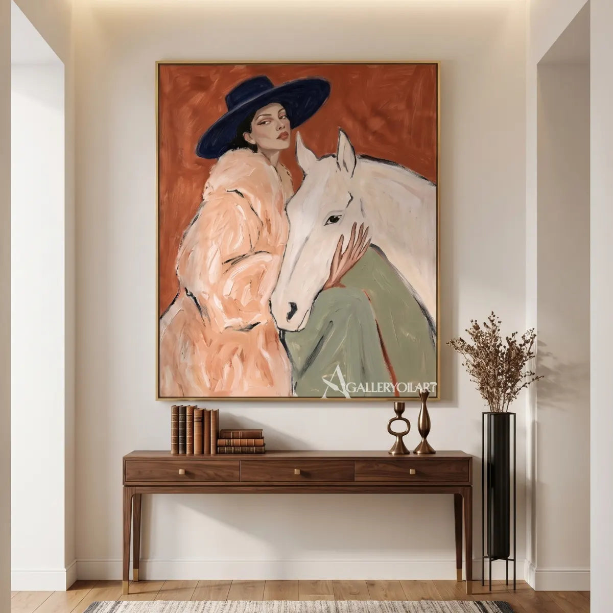 Woman-in-rose-pink-with-white-horse-against-rust-red-background-in-gallery-room