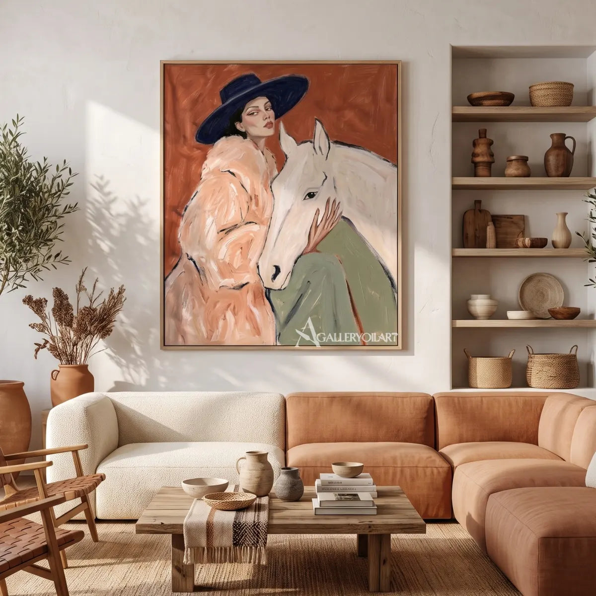 Woman-in-rose-pink-with-white-horse-against-rust-red-background-in-living-room