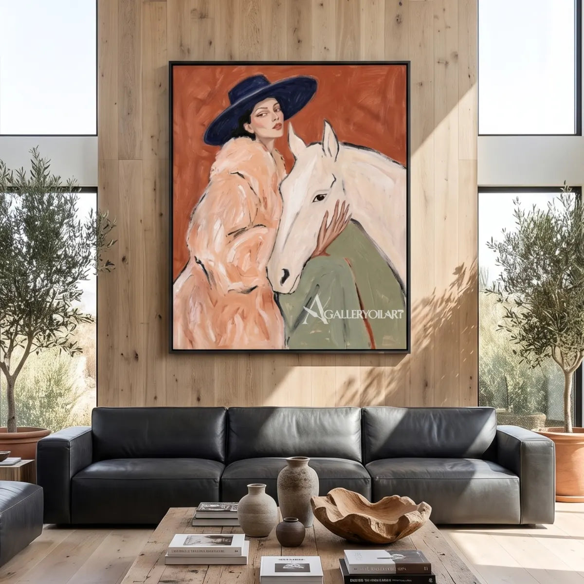 Woman-in-rose-pink-with-white-horse-against-rust-red-background-in-modern-lounge