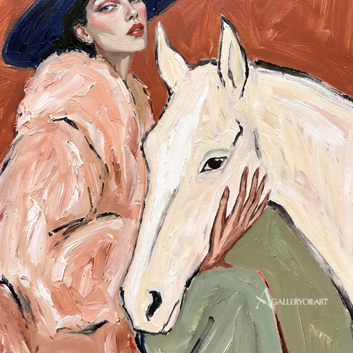 Woman-in-rose-pink-with-white-horse-against-rust-red-background-in-painted-detail