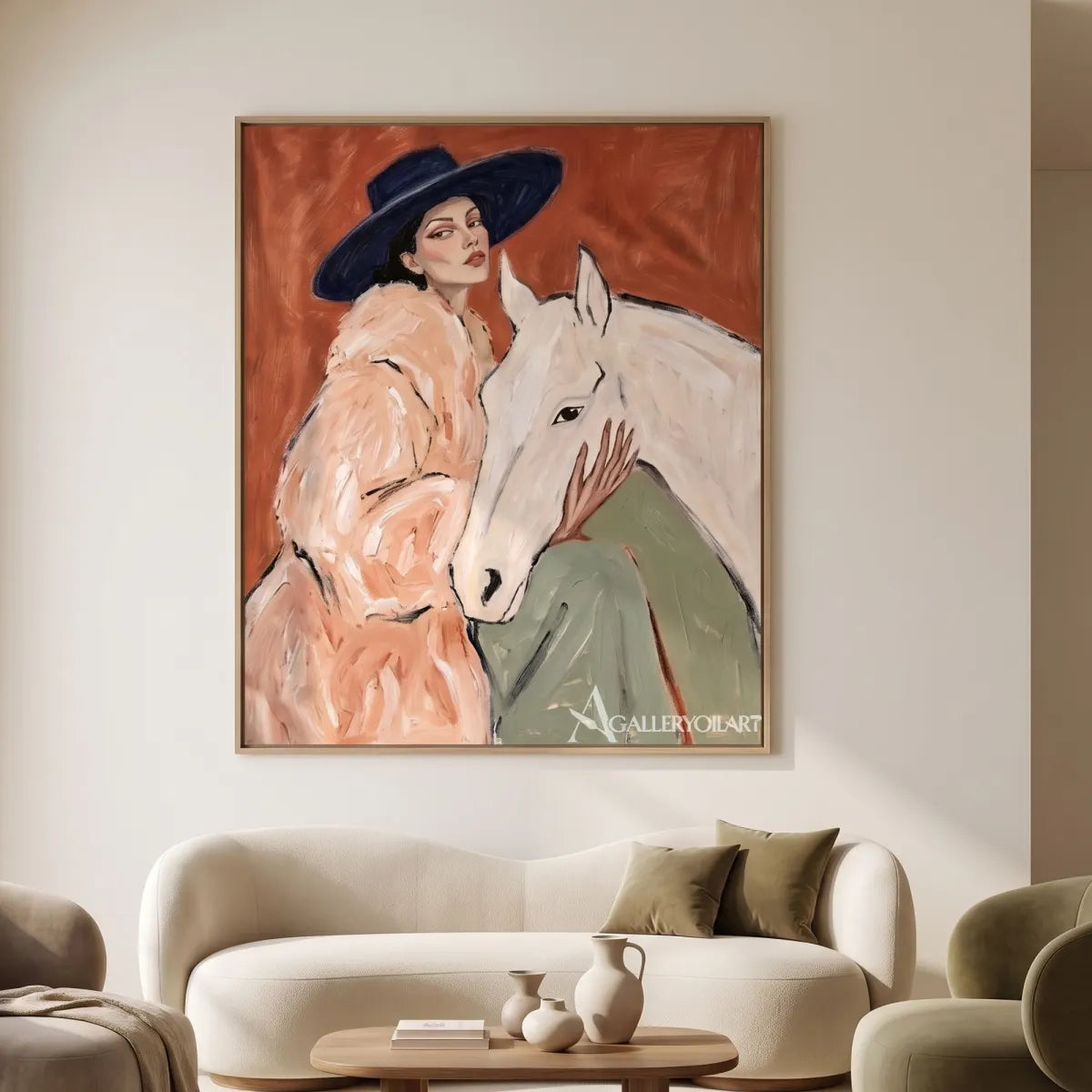 Woman-in-rose-pink-with-white-horse-against-rust-red-background-in-reading-room