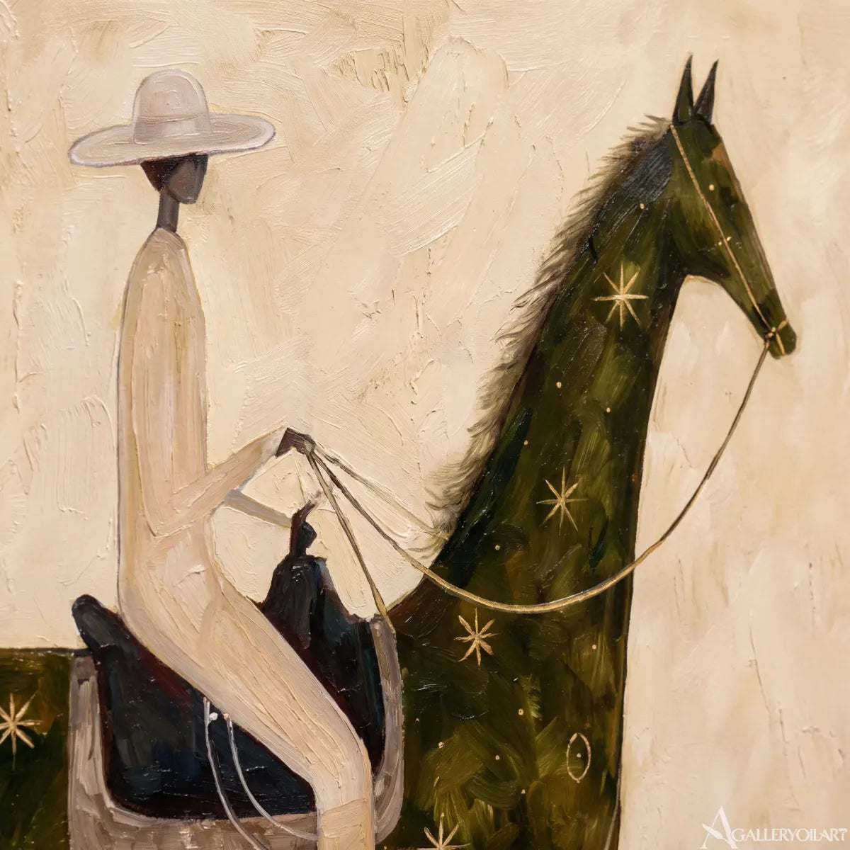rider-on-a-star-marked-green-horse-western-cowboy-art-Green-wall-art-in-close-up-detail
