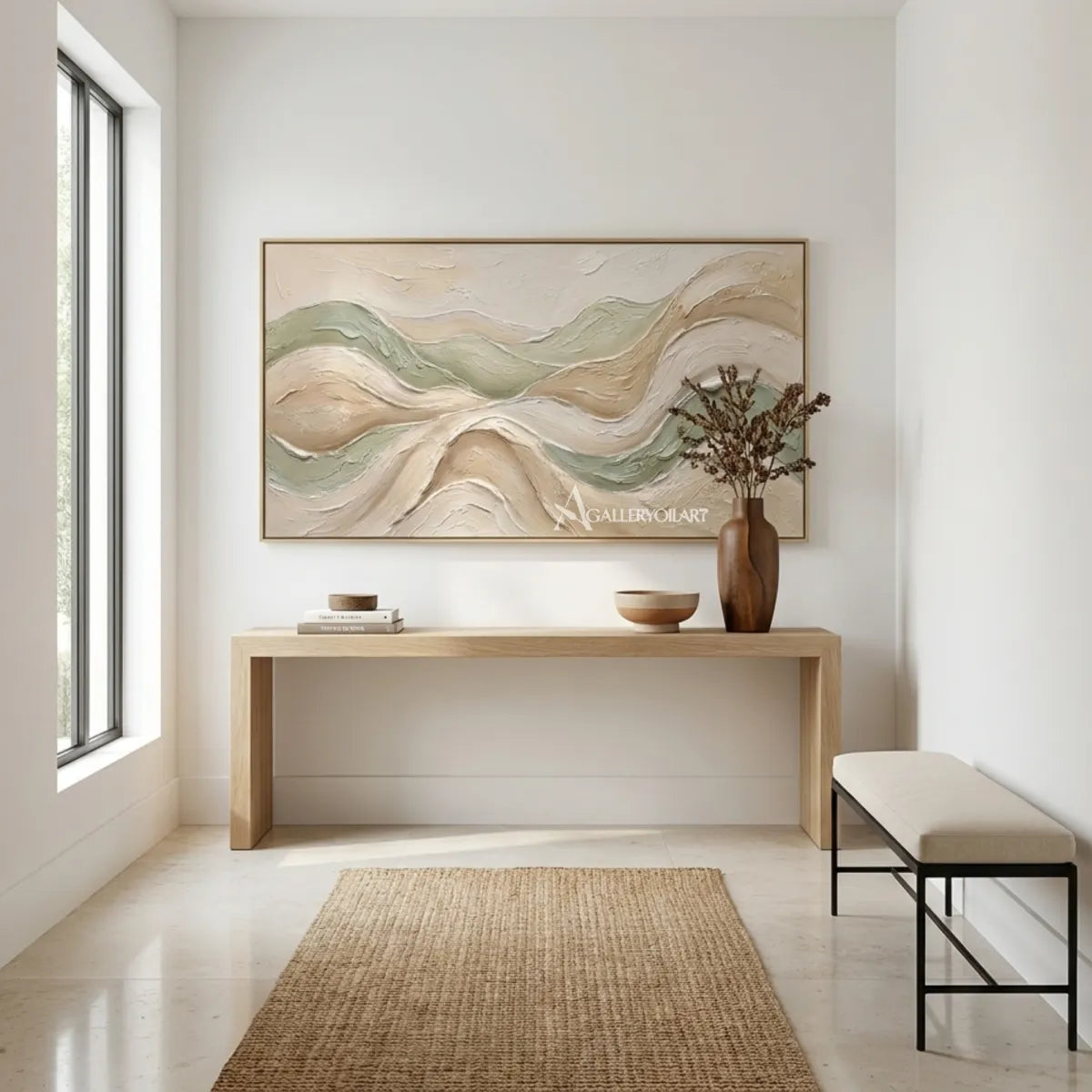Textured-3D-layered-abstract-ridgelines-beige-wall-art-in-entryway