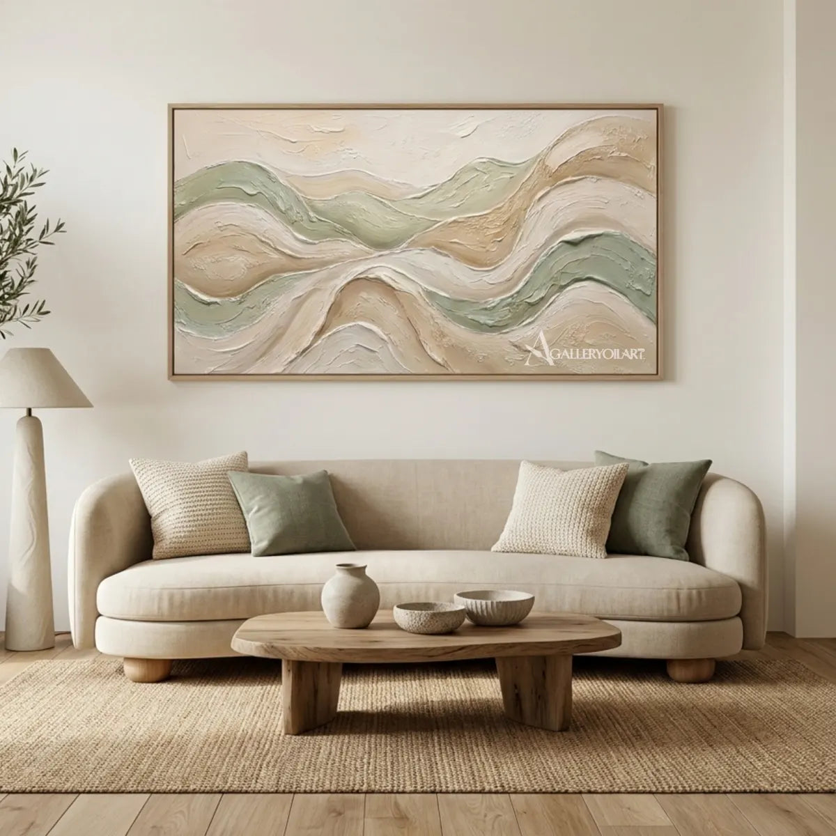 Textured-3D-layered-abstract-ridgelines-beige-wall-art-in-framed-entryway