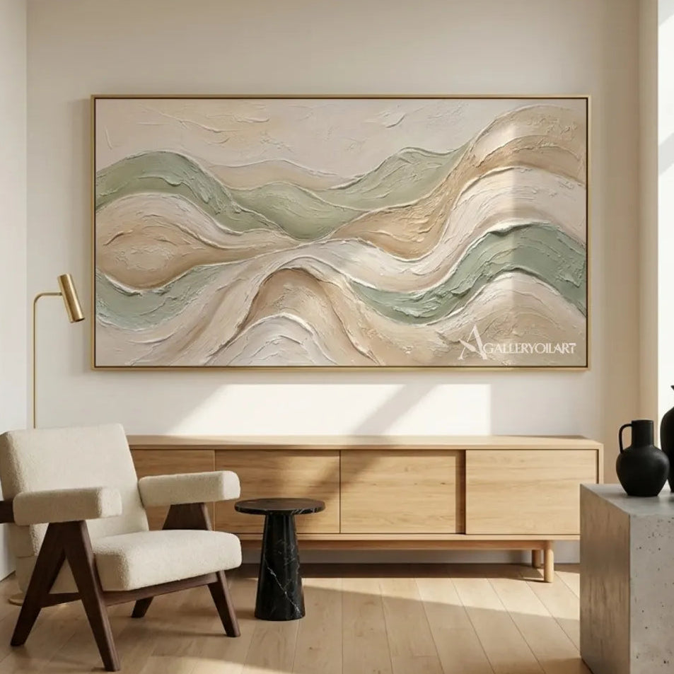 Textured-3D-layered-abstract-ridgelines-beige-wall-art-in-interior-setting