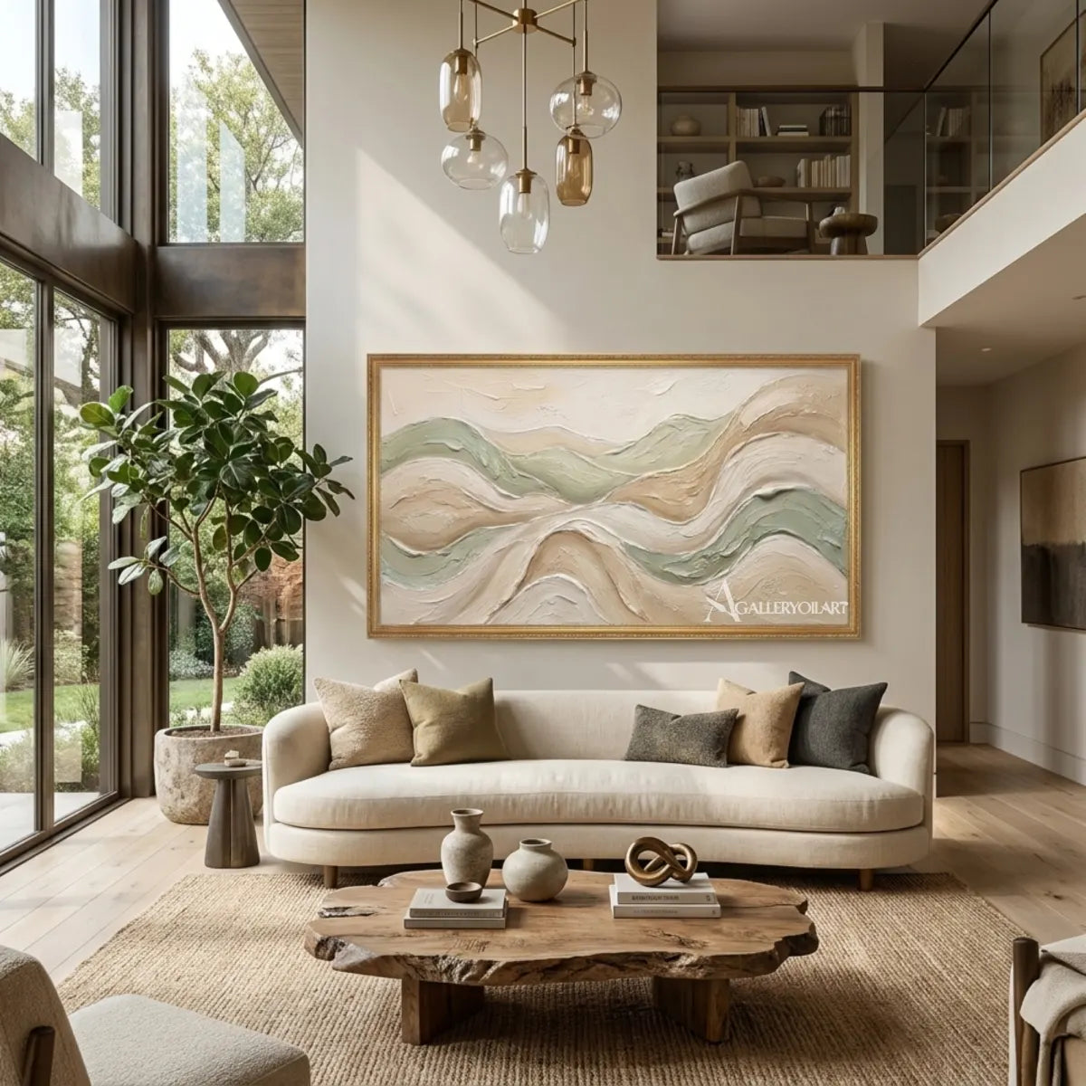 Textured-3D-layered-abstract-ridgelines-beige-wall-art-in-living-room