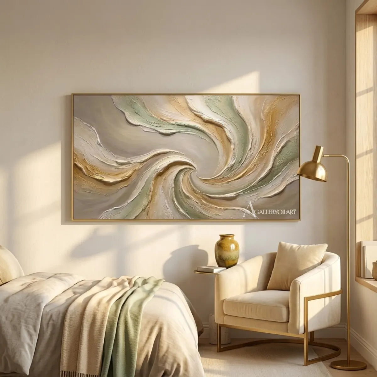 Textured-3D-Quiet-Spiral-in-green-and-cream-wall-art-in-a-bedroom-reading-nook