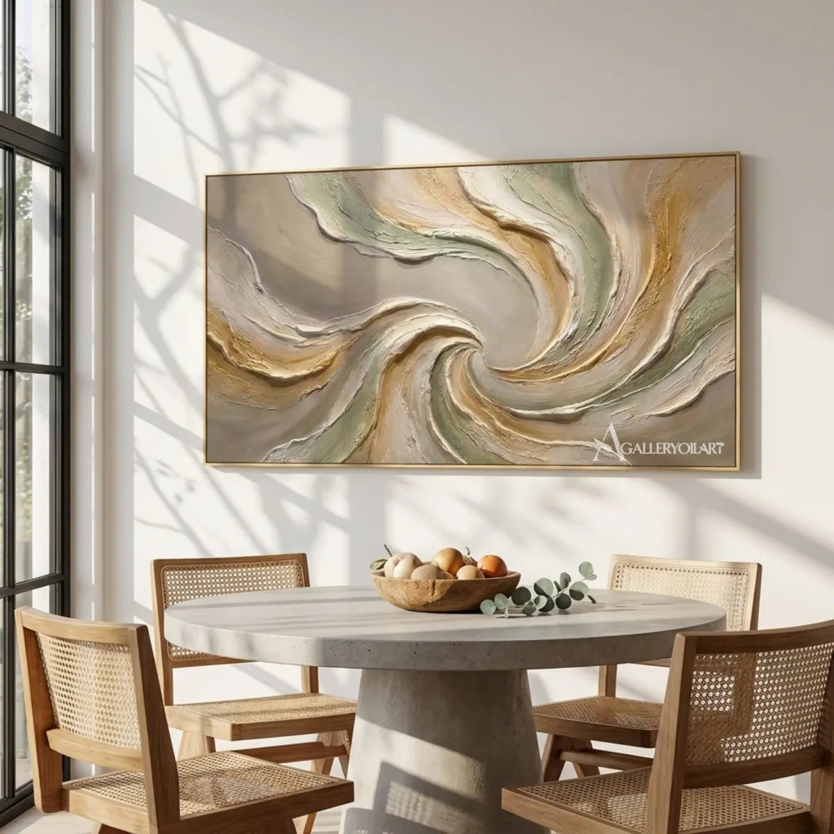 Textured-3D-Quiet-Spiral-in-green-and-cream-wall-art-in-a-dining-room