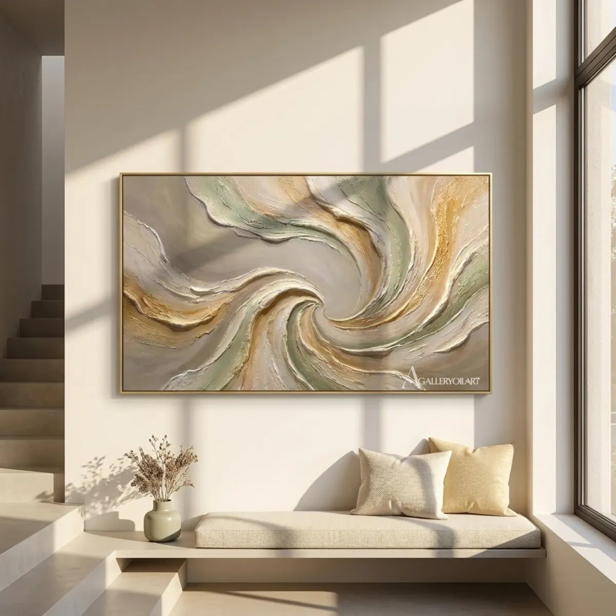 Textured-3D-Quiet-Spiral-in-green-and-cream-wall-art-in-a-gallery-wall