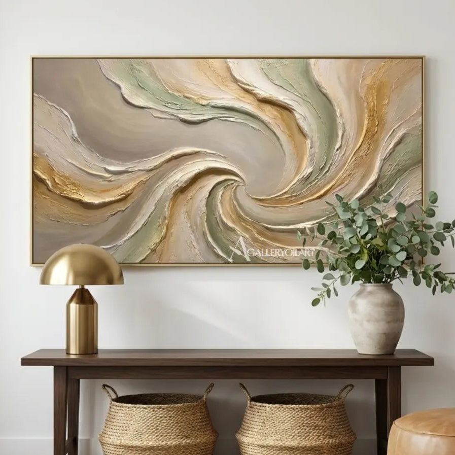 Textured-3D-Quiet-Spiral-in-green-and-cream-wall-art-in-a-modern-entryway