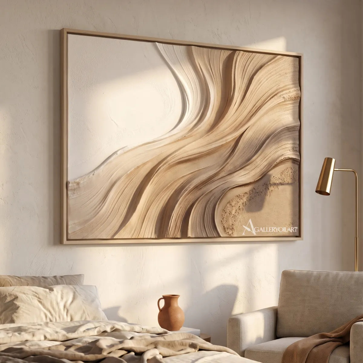 quiet strata textured-3d beige wall art in a warm modern interior 1