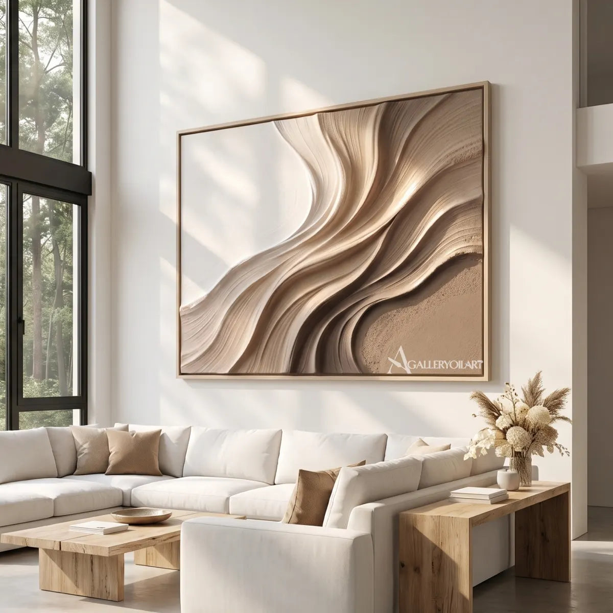 quiet strata textured-3d beige wall art in a warm modern interior 3