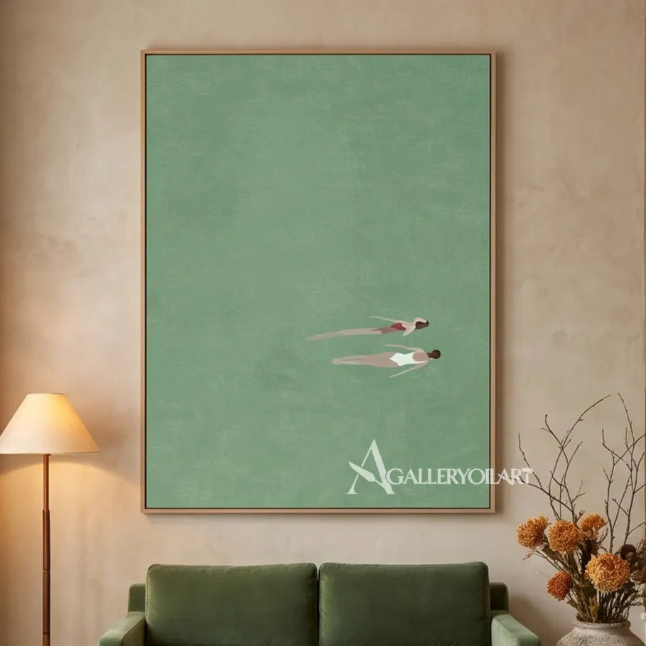 Minimalist-two-small-floating-figures-Sage-green-soft-white-blush-and-muted-coral-wall-art-in-living-room