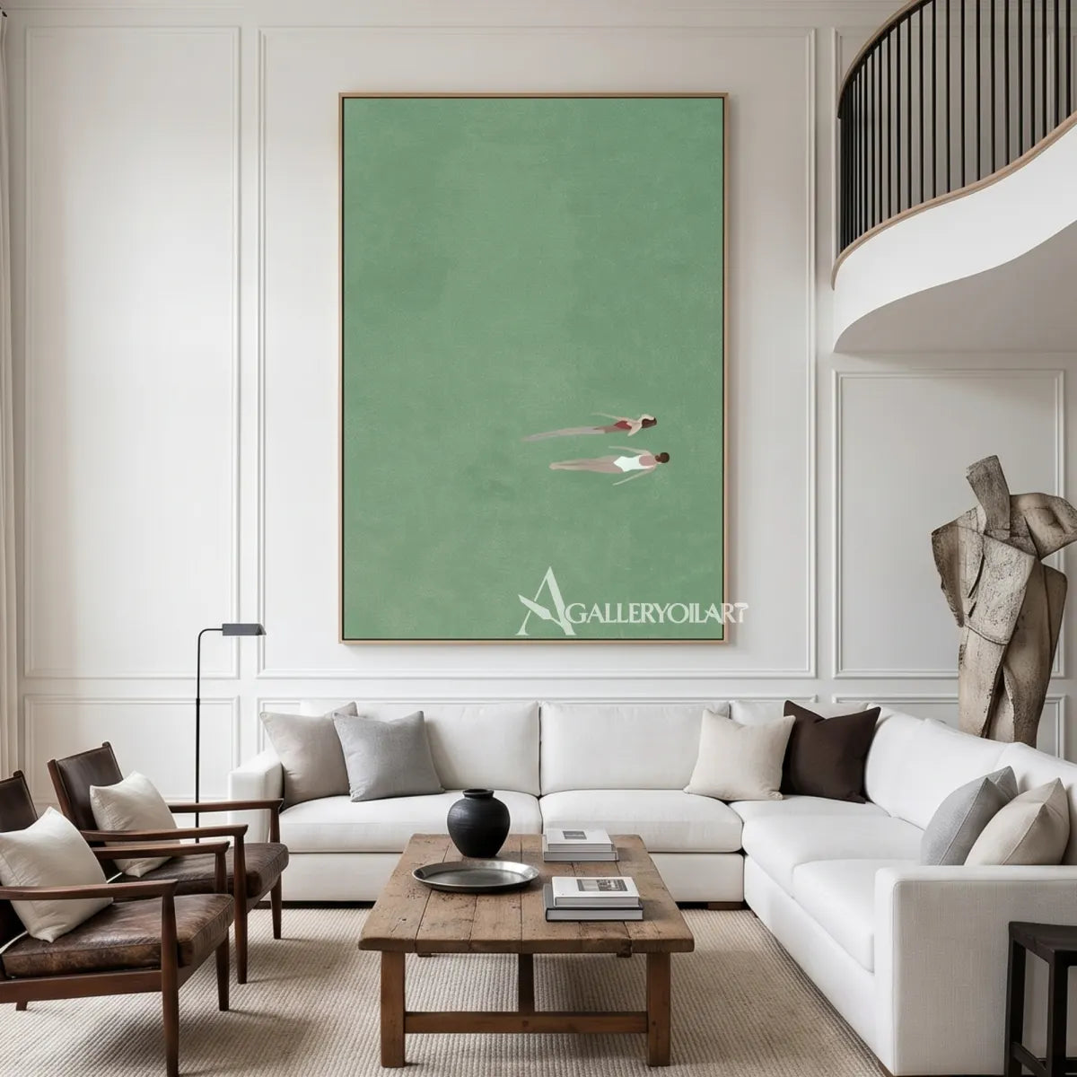 Minimalist-two-small-floating-figures-Sage-green-soft-white-blush-and-muted-coral-wall-art-in-lounge