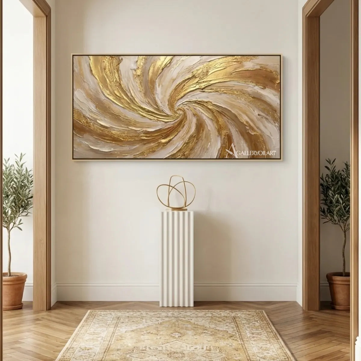 Textured-3D-Radiant-Spiral-in-gold-and-cream-wall-art-in-a-hallway