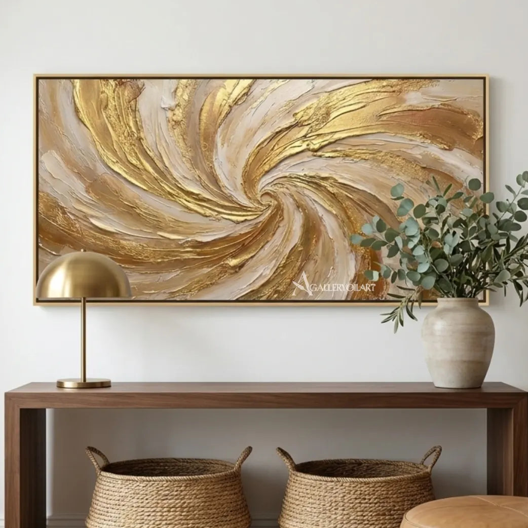 Textured-3D-Radiant-Spiral-in-gold-and-cream-wall-art-in-a-modern-entryway