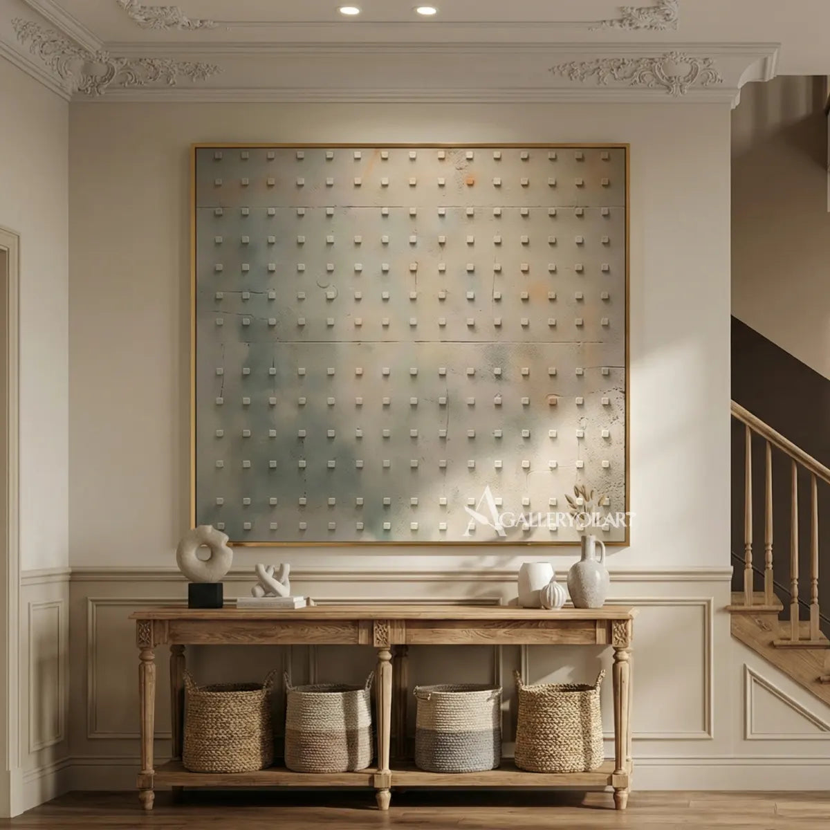 Textured-3D-a-field-of-raised-square-marks-Soft-gray-ivory-pale-beige-muted-sage-and-terracotta-wall-art-in-console-room