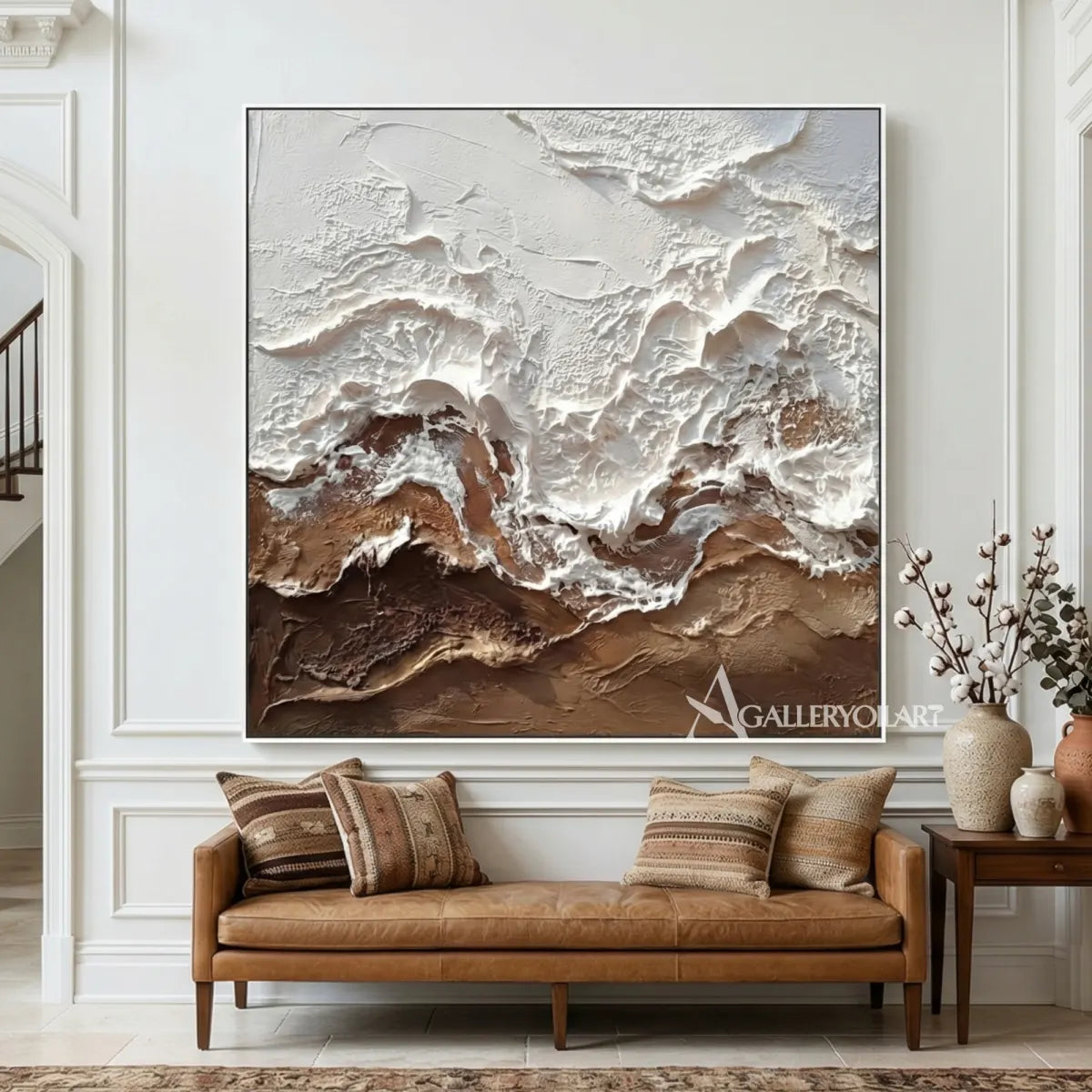textured-3d-raised-mountain-ridges-matte-white-ivory-umber-brown-taupe-and-charcoal-wall-art-in-living-room
