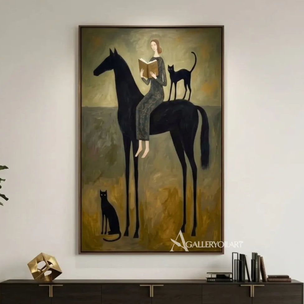 woman-reading-beside-a-black-horse-western-cowboy-art-olive-green-painting-in-a-minimalist-interior