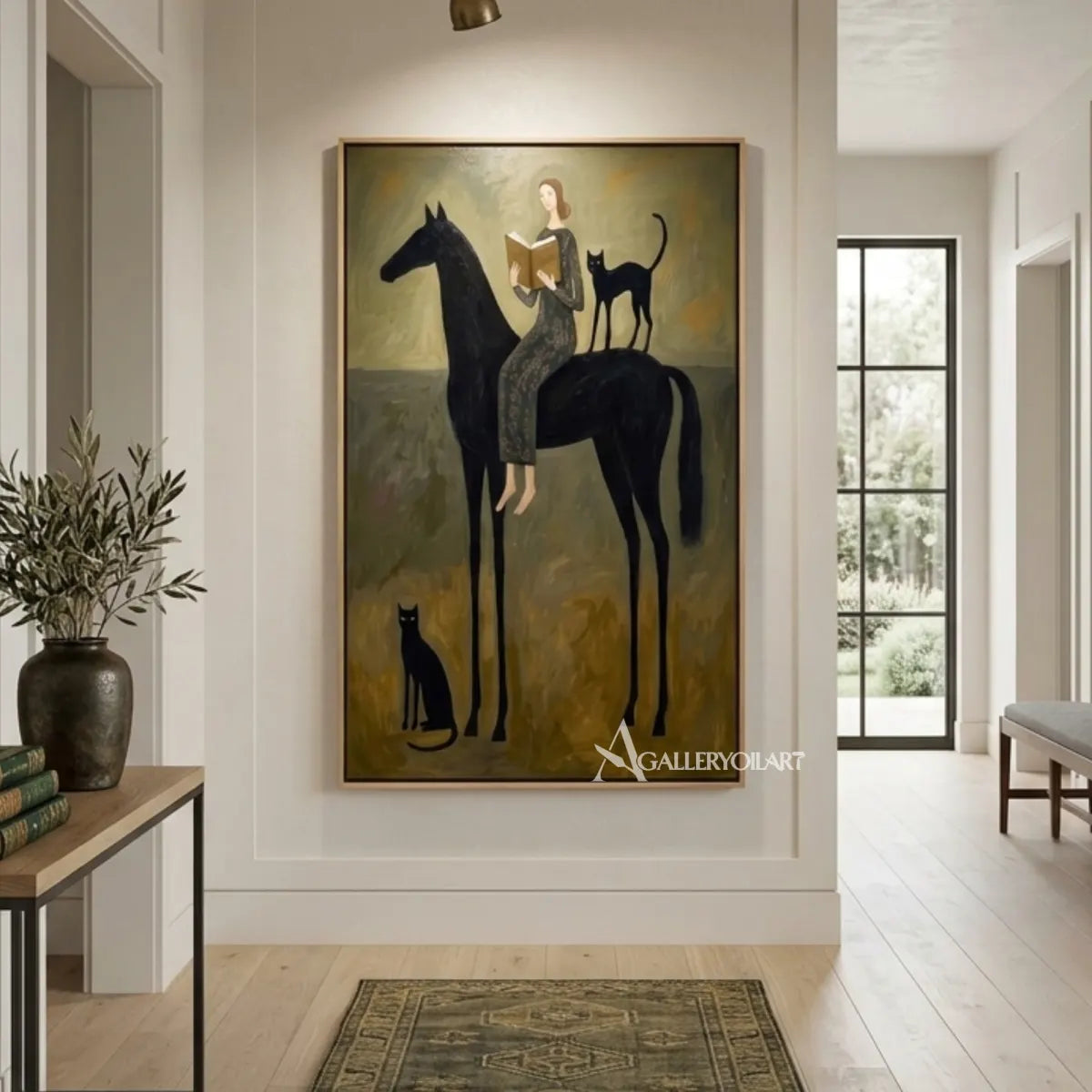 woman-reading-beside-a-black-horse-western-cowboy-art-olive-green-painting-in-a-corridor