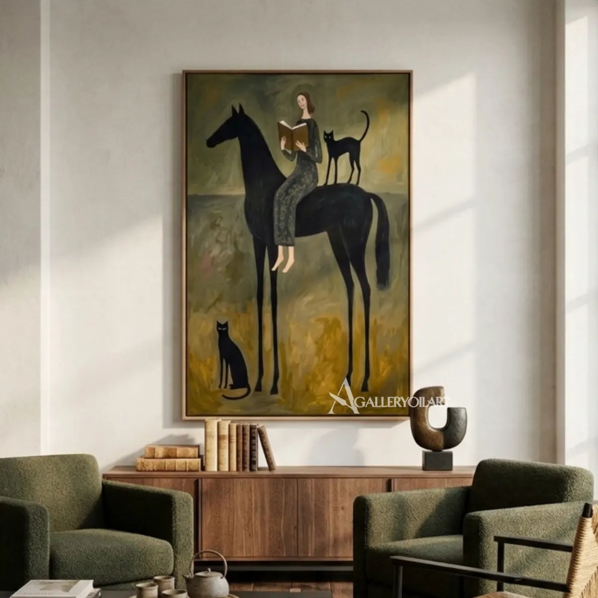 woman-reading-beside-a-black-horse-western-cowboy-art-olive-green-painting-in-a-gathering-room
