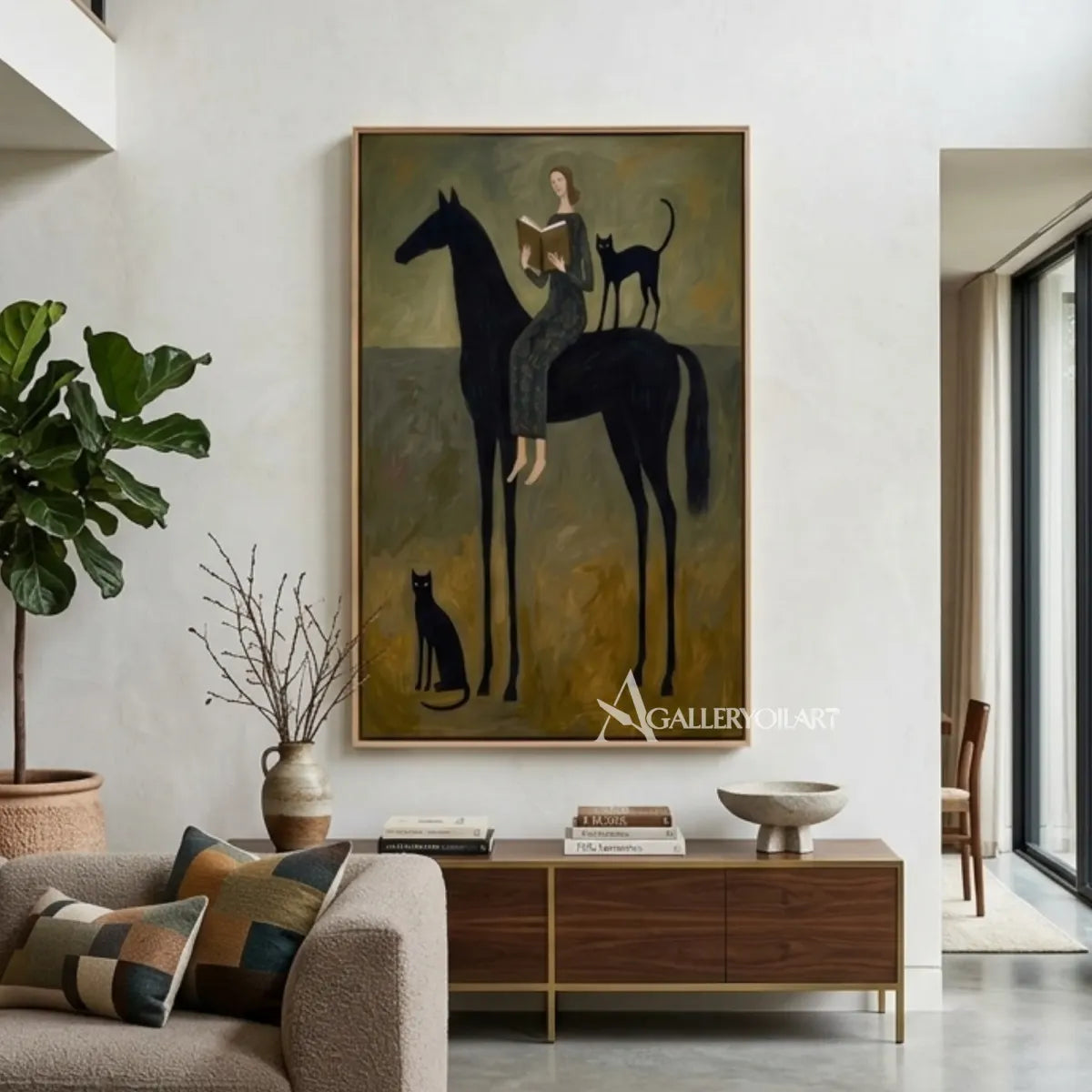 woman-reading-beside-a-black-horse-western-cowboy-art-olive-green-painting-in-a-contemporary-living-room