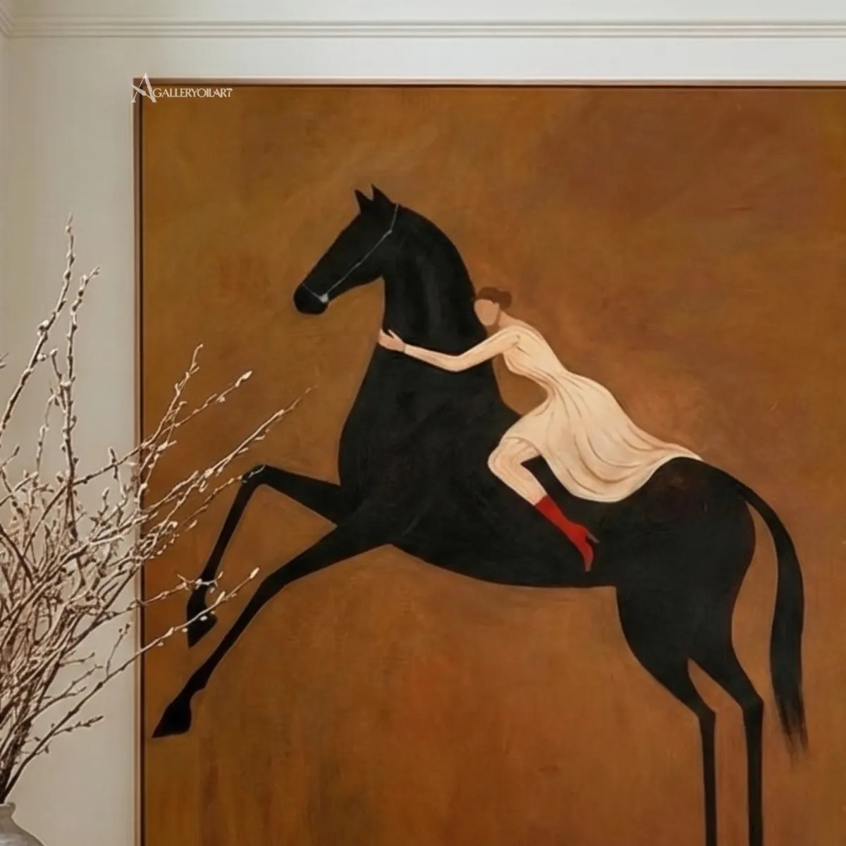 Western-cowboy-art-of-a-cream-clad-rider-on-a-rearing-black-horse-against-brown-displayed-beside-branches