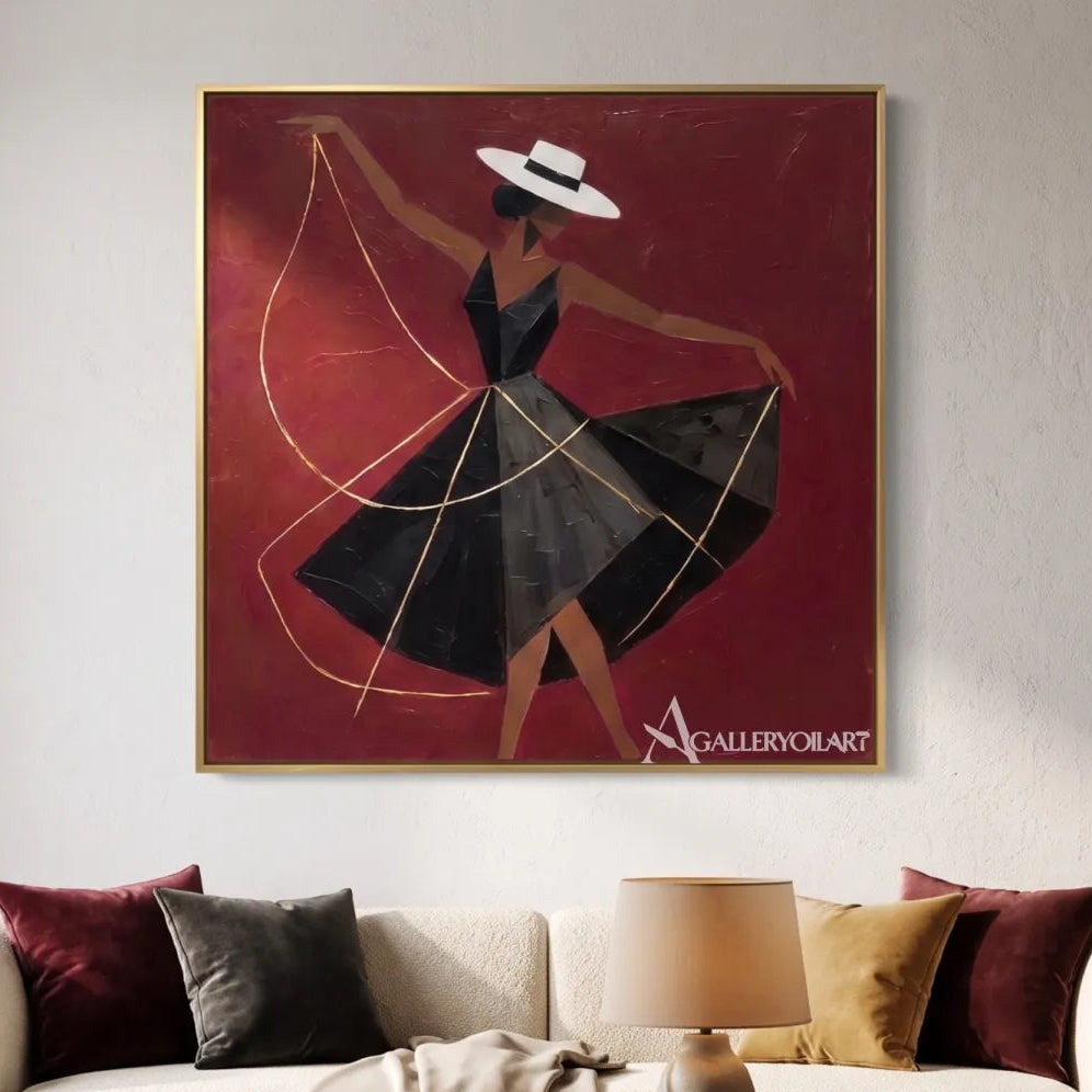 Dancer-in-a-black-flaring-dress-in-portrait-art-crimson-and-gold-in-reading-room