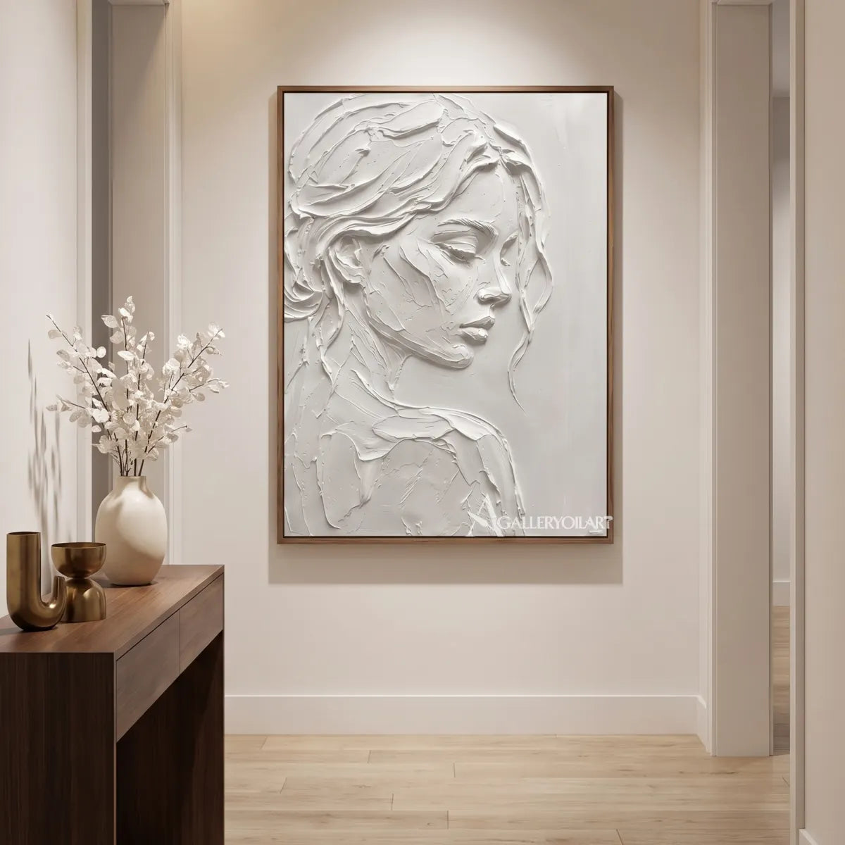 relief-portrait-grace-textured-3d-white-wall-art-in-a-transitional-corridor