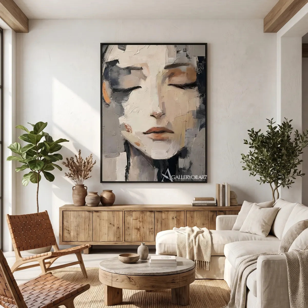 close-up-of-a-resting-woman-face-portrait-art-gray-and-ivory-wall-art-above-a-sofa