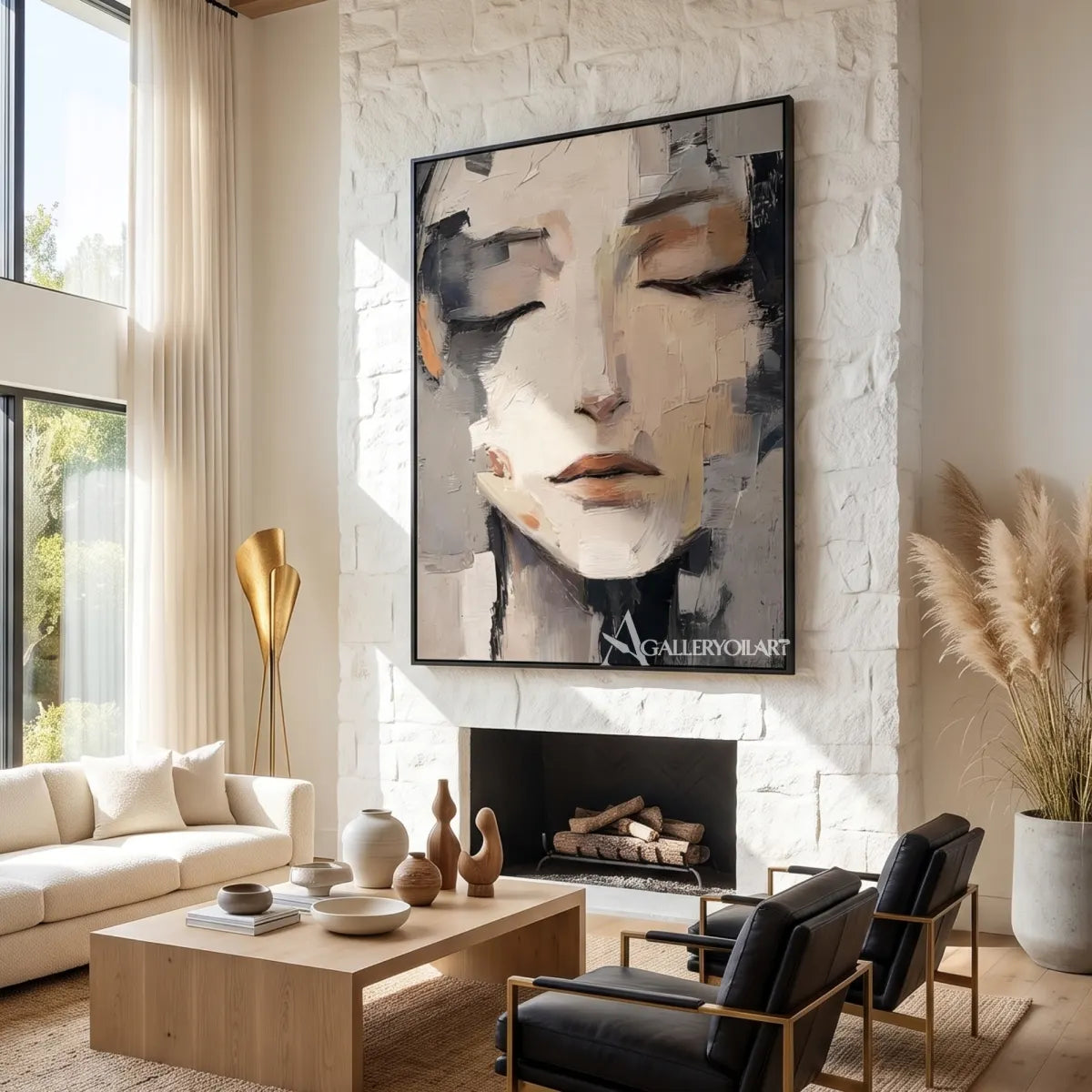 close-up-of-a-resting-woman-face-portrait-art-gray-and-ivory-wall-art-in-a-modern-living-room