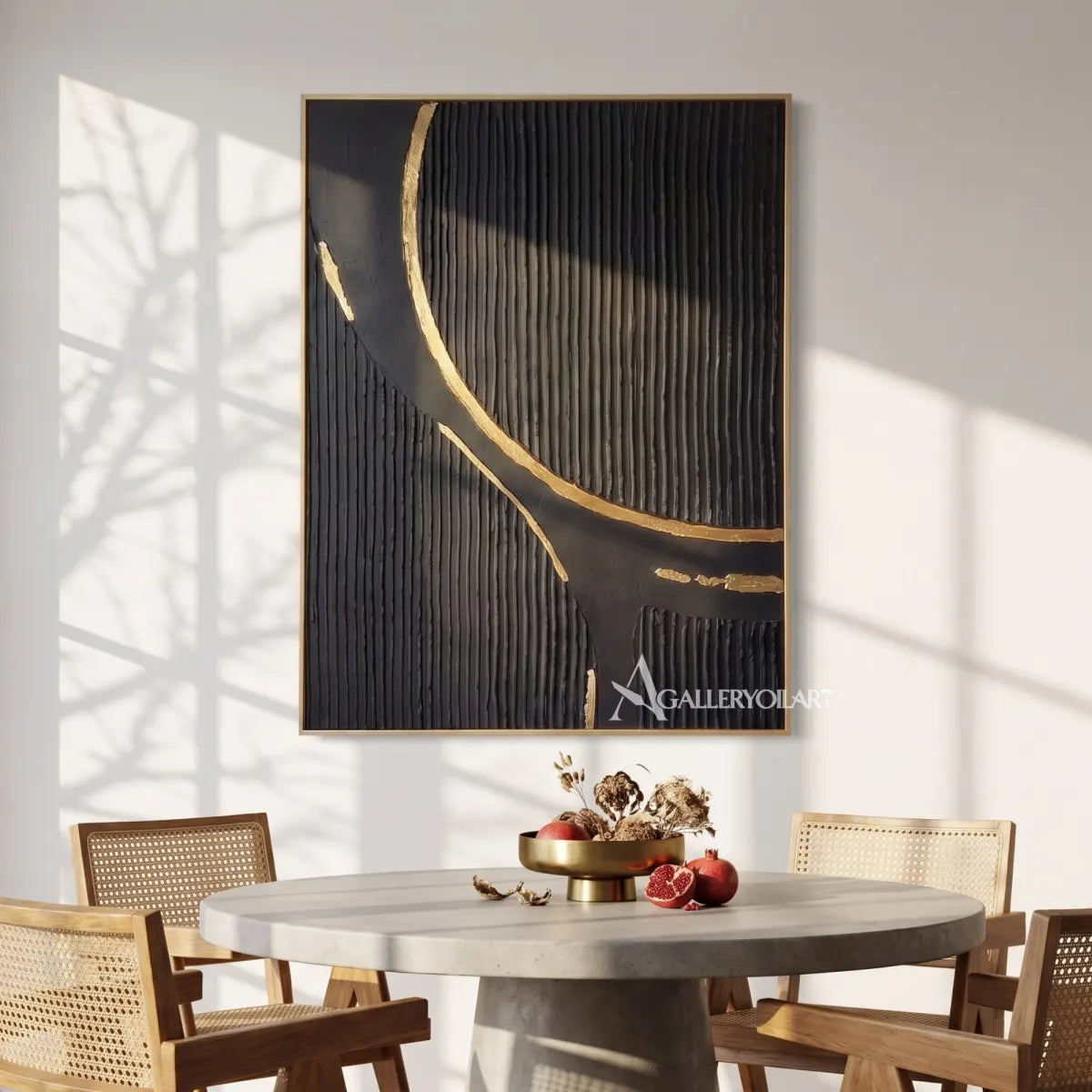 Textured 3D sweeping ribbon crossing a black relief field-in-dining-space