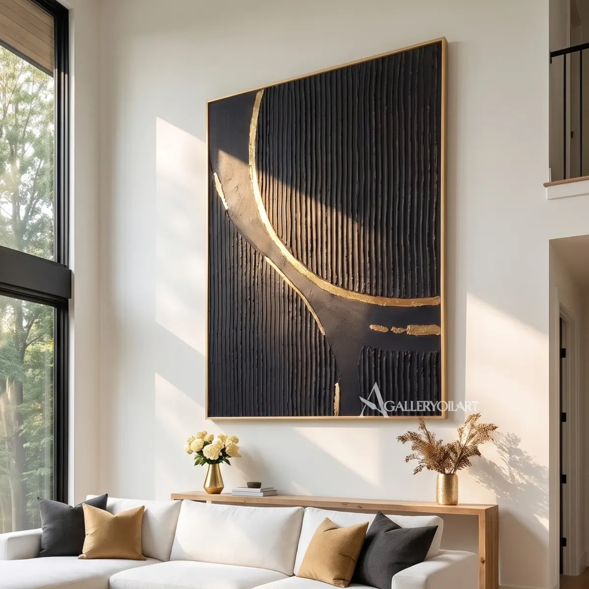 Textured 3D sweeping ribbon crossing a black relief field-in-living-room